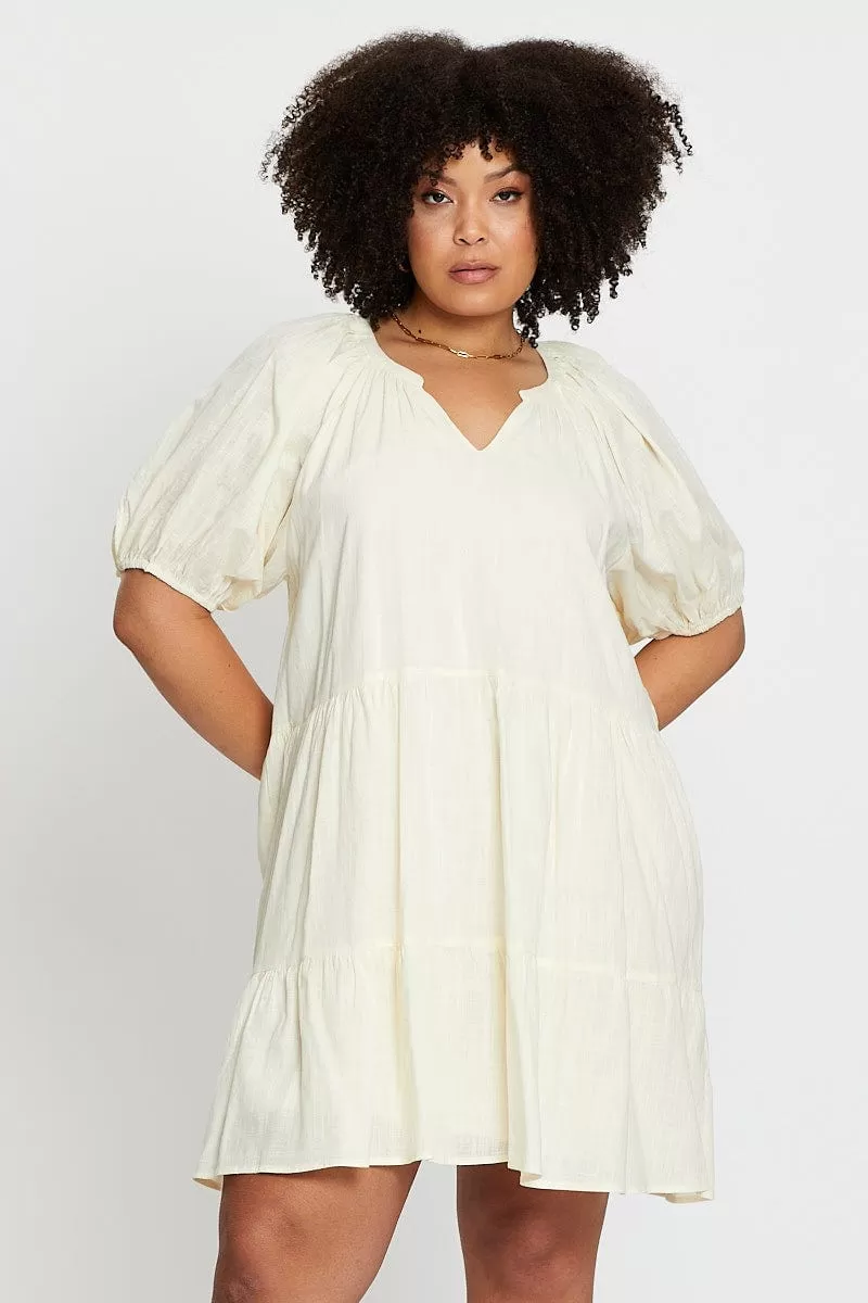 Beige Puff 3/4 Sleeve Textured Cotton Oatmea Layer Dress