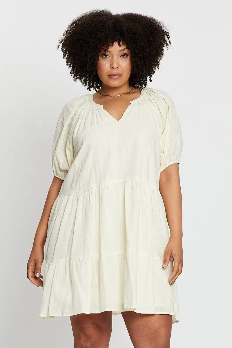 Beige Puff 3/4 Sleeve Textured Cotton Oatmea Layer Dress