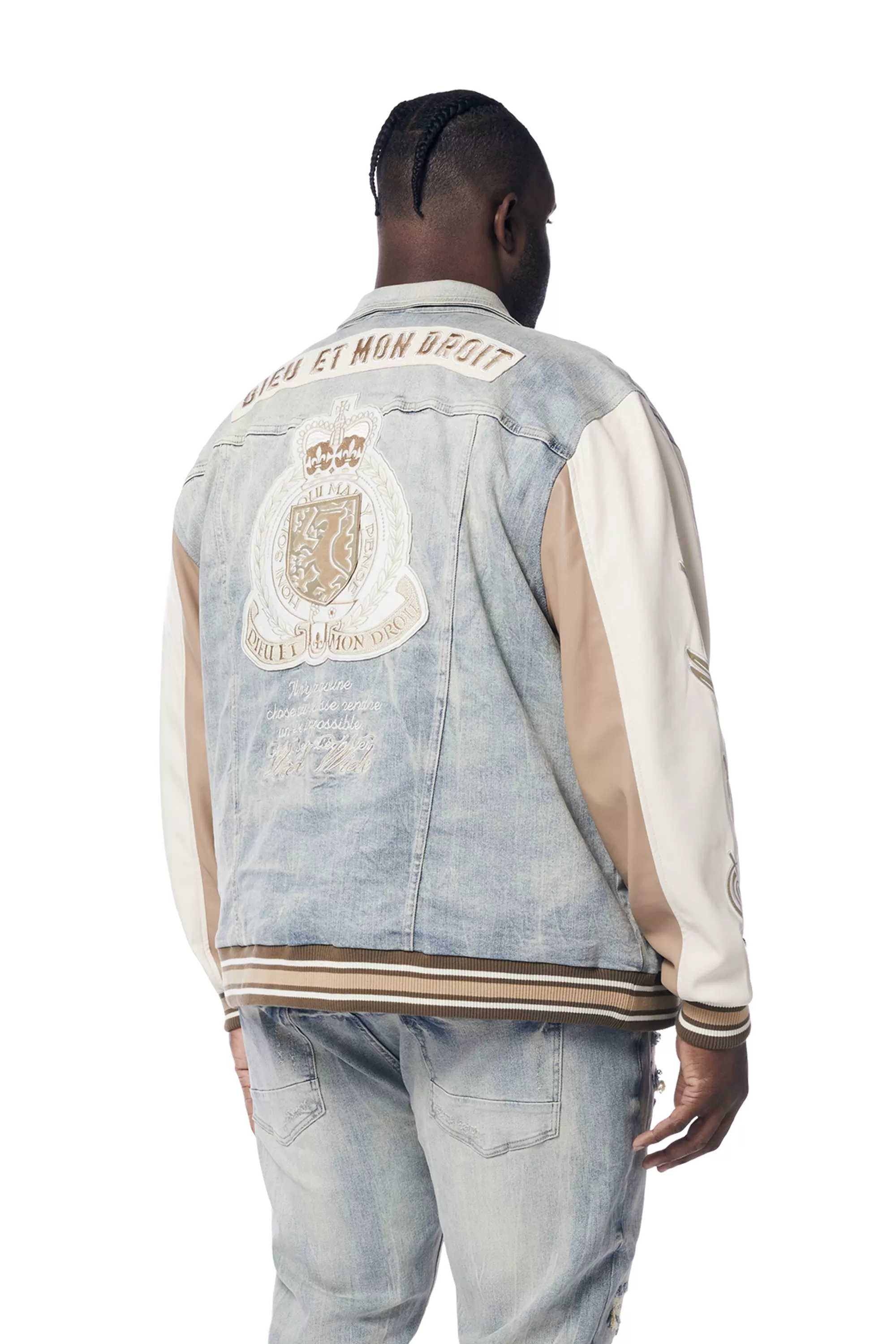 Big and Tall - Preppy Crest Embroidered Jean Jacket - Industrial Blue