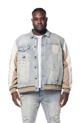 Big and Tall - Preppy Crest Embroidered Jean Jacket - Industrial Blue