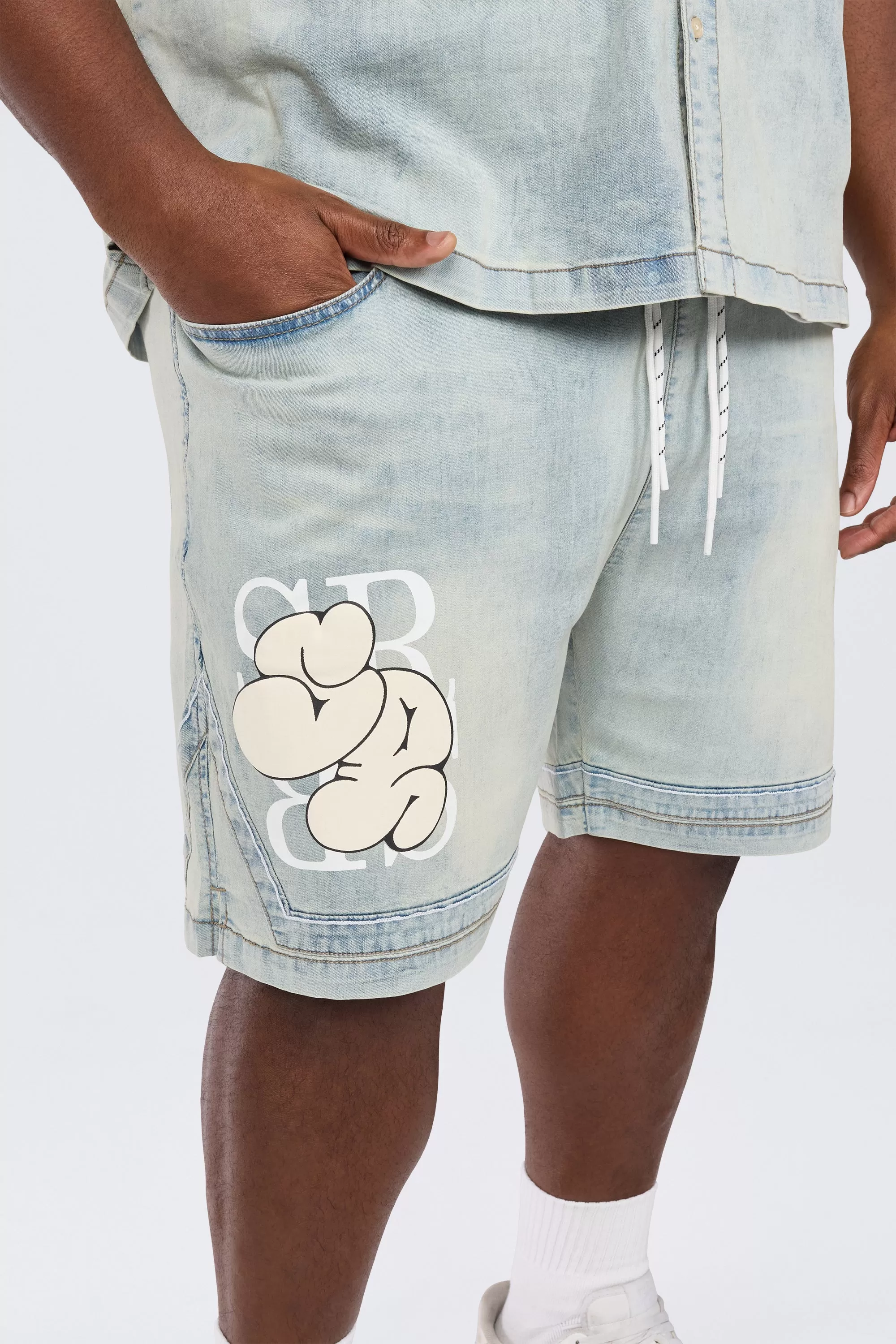 Big and Tall - Puff Printed Graphic Resort Denim Shorts - Elm Blue