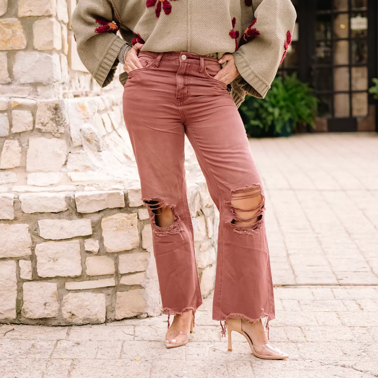 Billie 90's Distressed Vintage Crop Jeans in Washed Burgundy