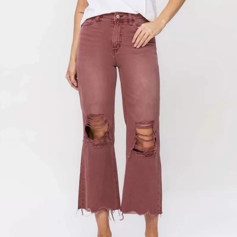 Billie 90's Distressed Vintage Crop Jeans in Washed Burgundy