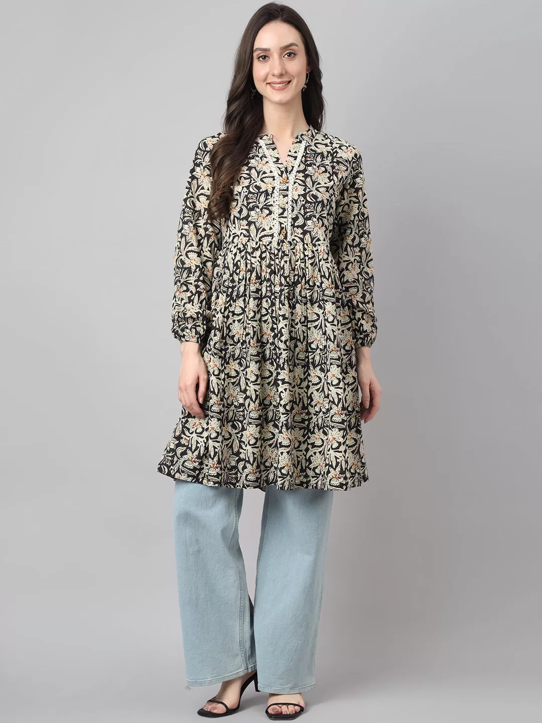 Black Cotton Floral Print Flared Tunic