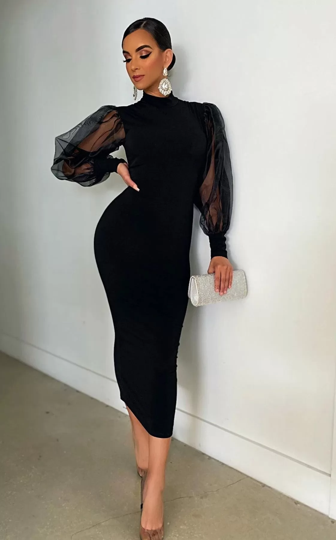 Black Mesh Puff Sleeve Bodycon Midi Dress