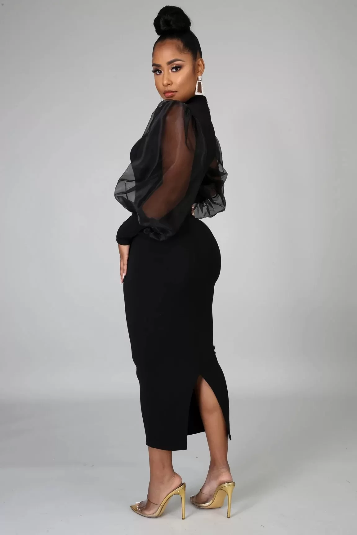 Black Mesh Puff Sleeve Bodycon Midi Dress