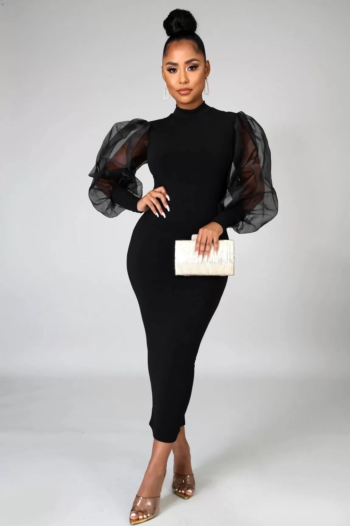 Black Mesh Puff Sleeve Bodycon Midi Dress