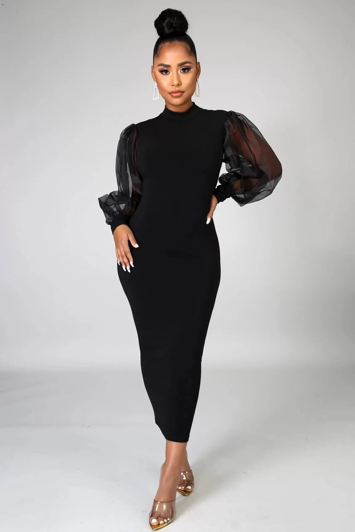 Black Mesh Puff Sleeve Bodycon Midi Dress