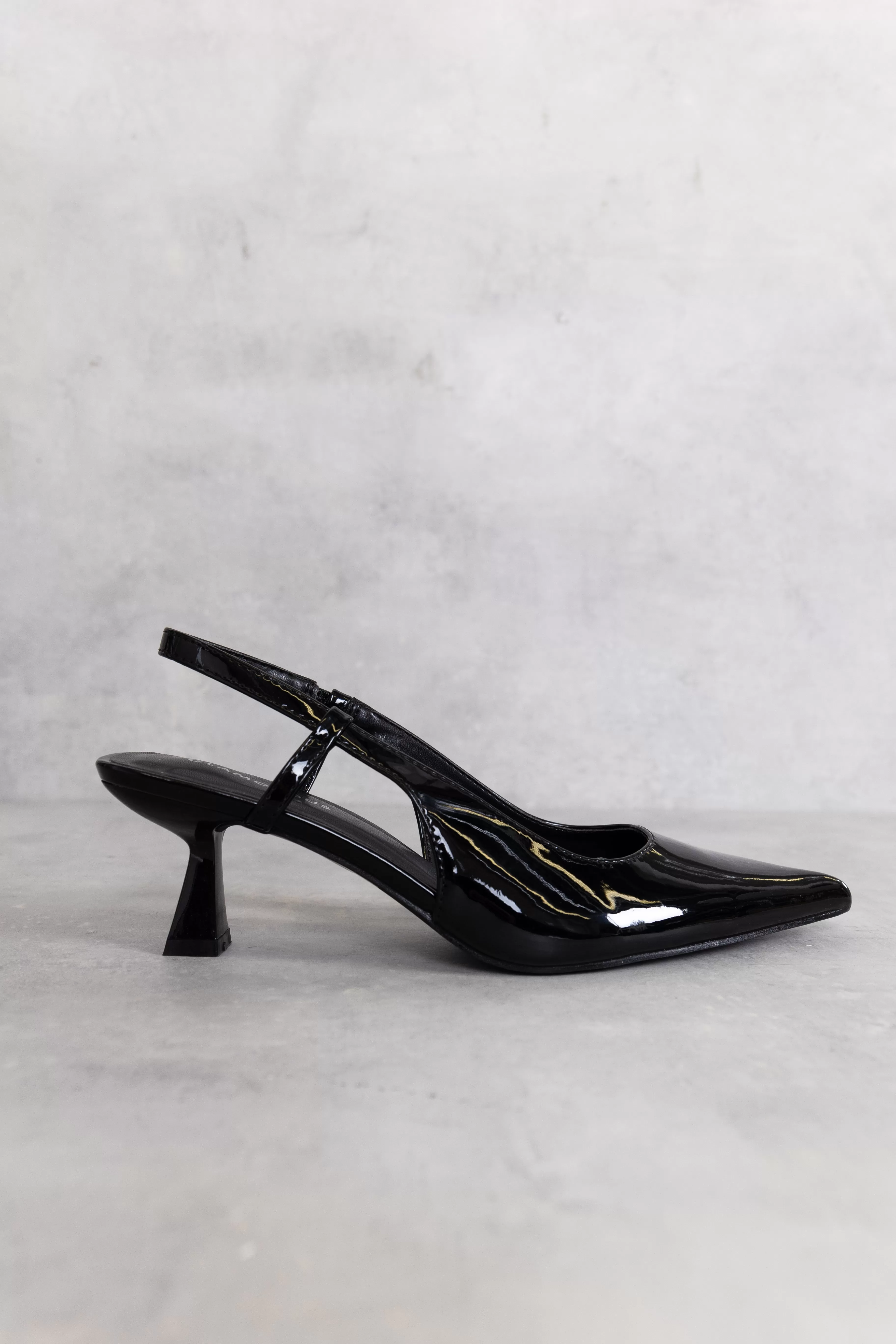 Black Patent Sling-back Flared Mid Heels