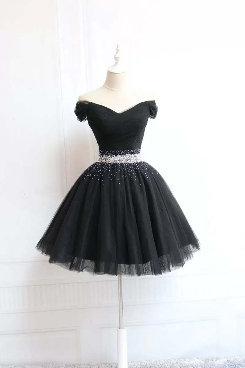 Black tulle off shoulder short prom dress, black homecoming dress