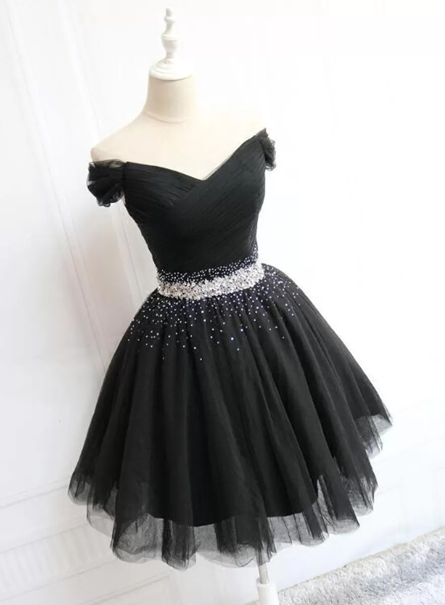 Black tulle off shoulder short prom dress, black homecoming dress