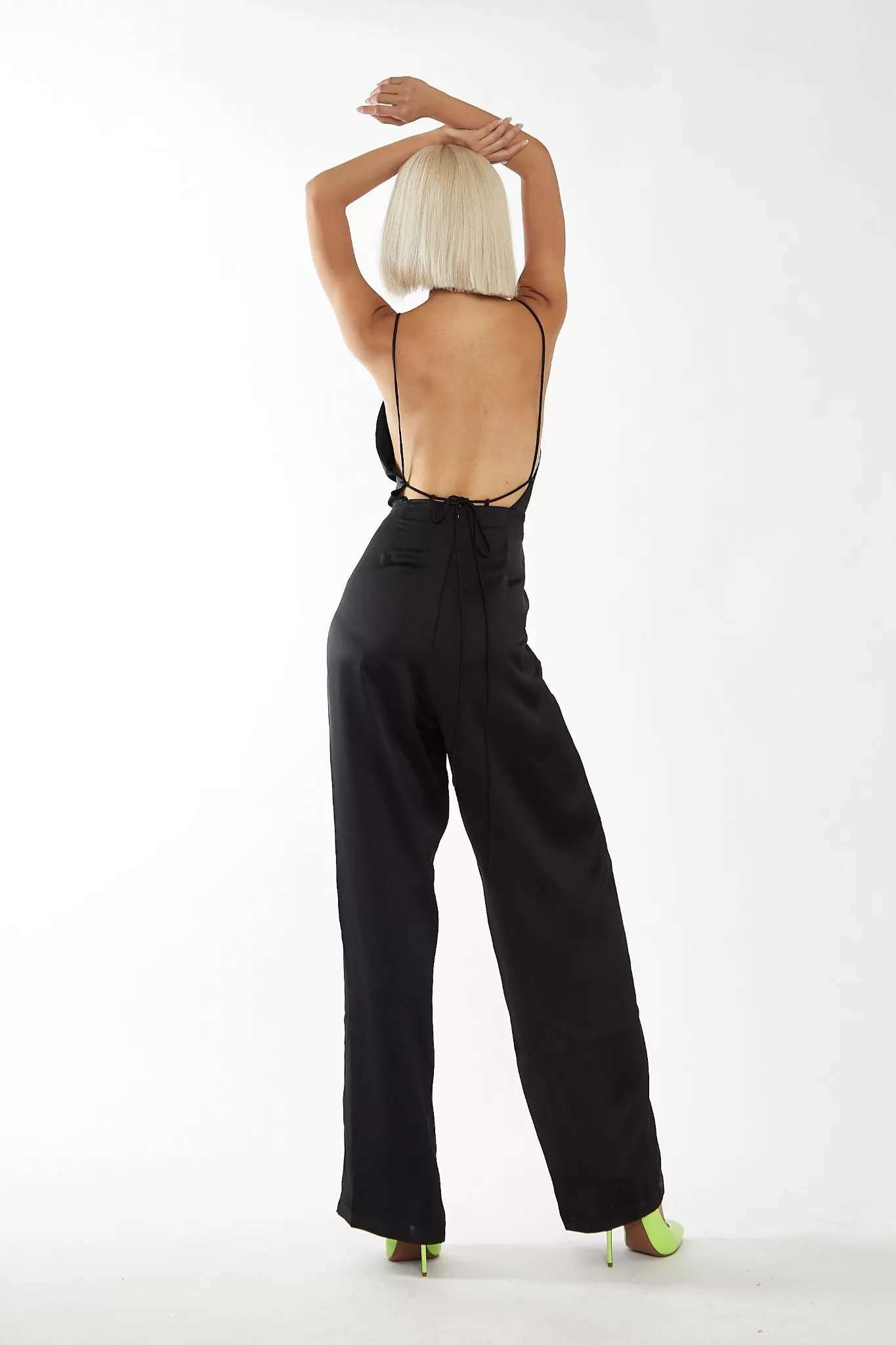 Black Wide Leg Low Tie-back Jumpsuit