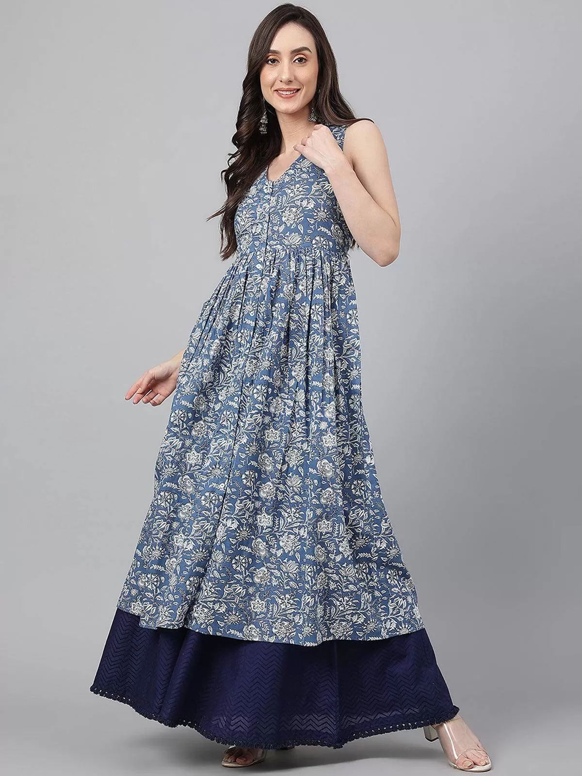 Blue Cotton Floral Print Flared Kurta