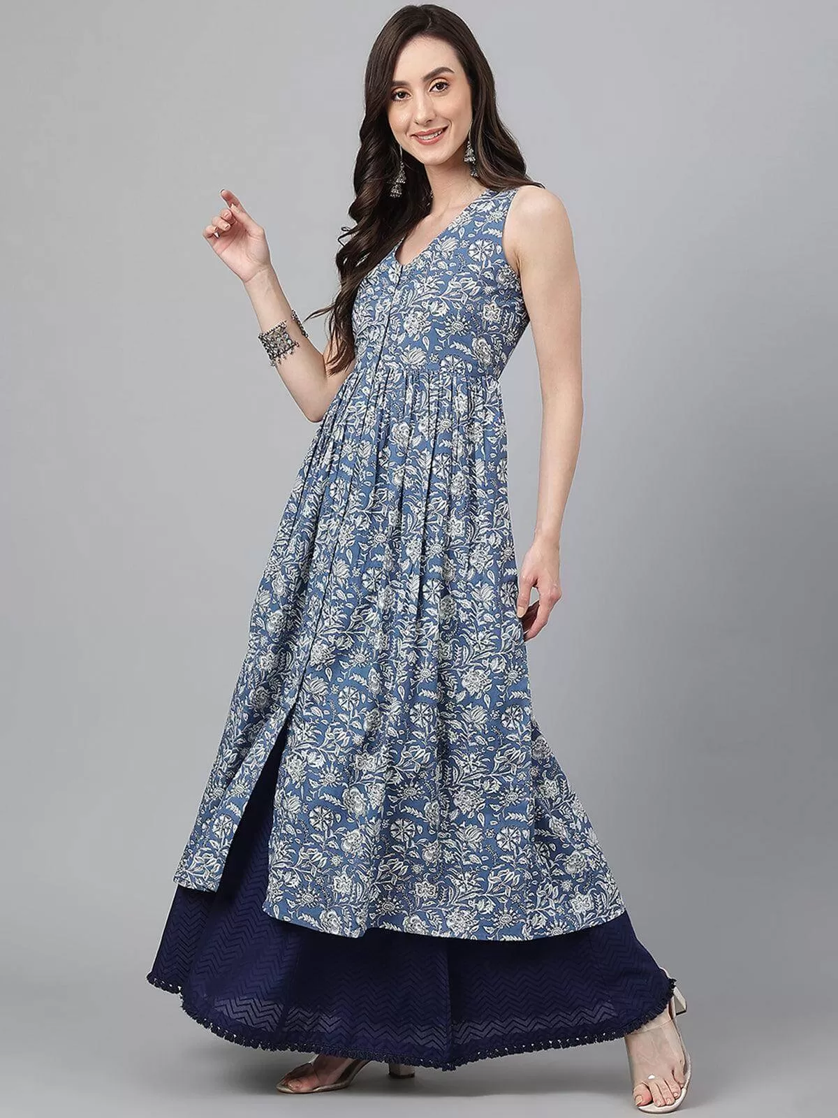 Blue Cotton Floral Print Flared Kurta