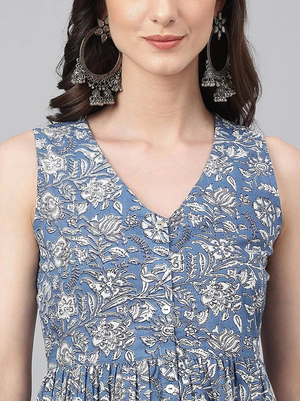 Blue Cotton Floral Print Flared Kurta