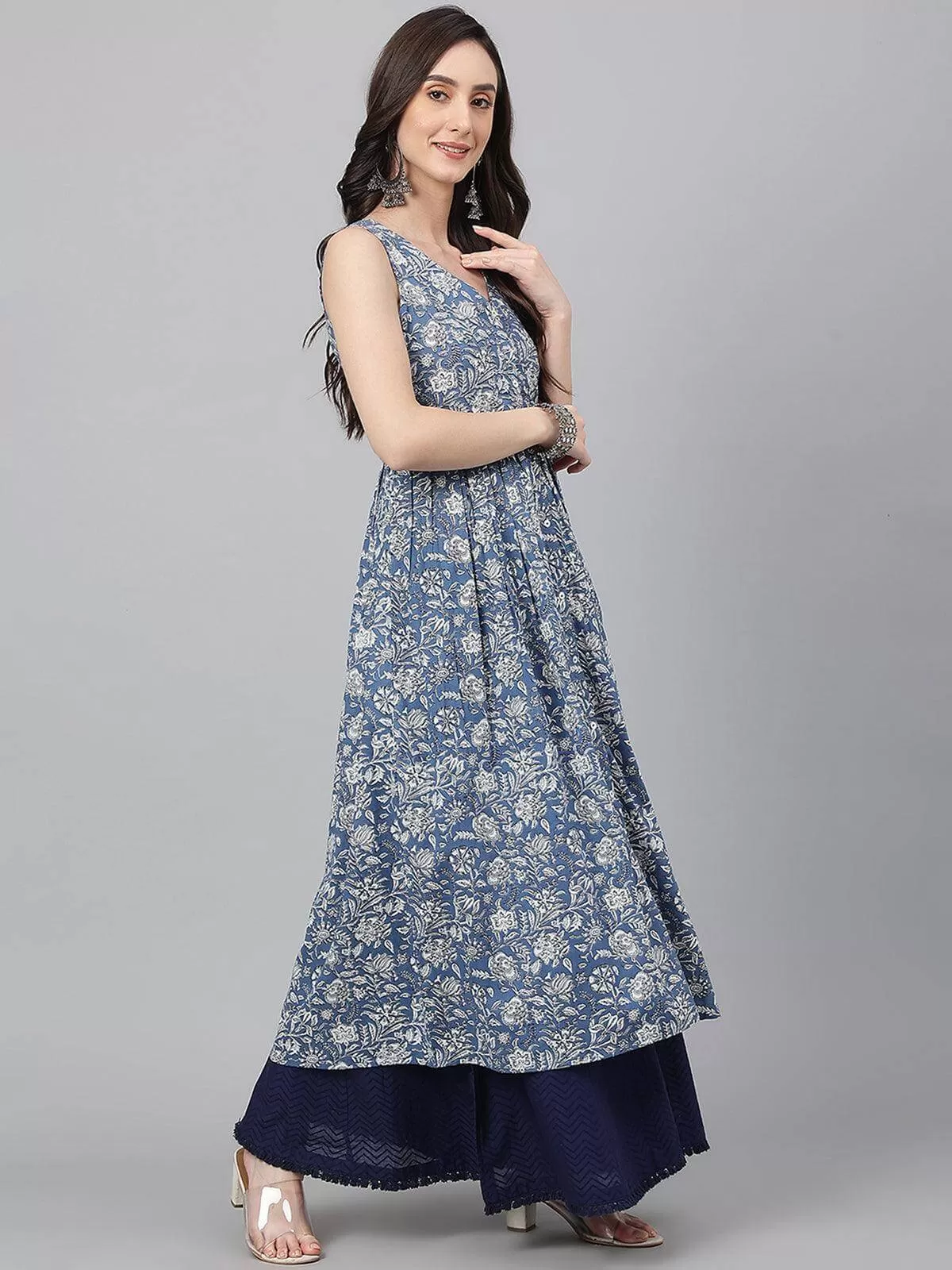 Blue Cotton Floral Print Flared Kurta