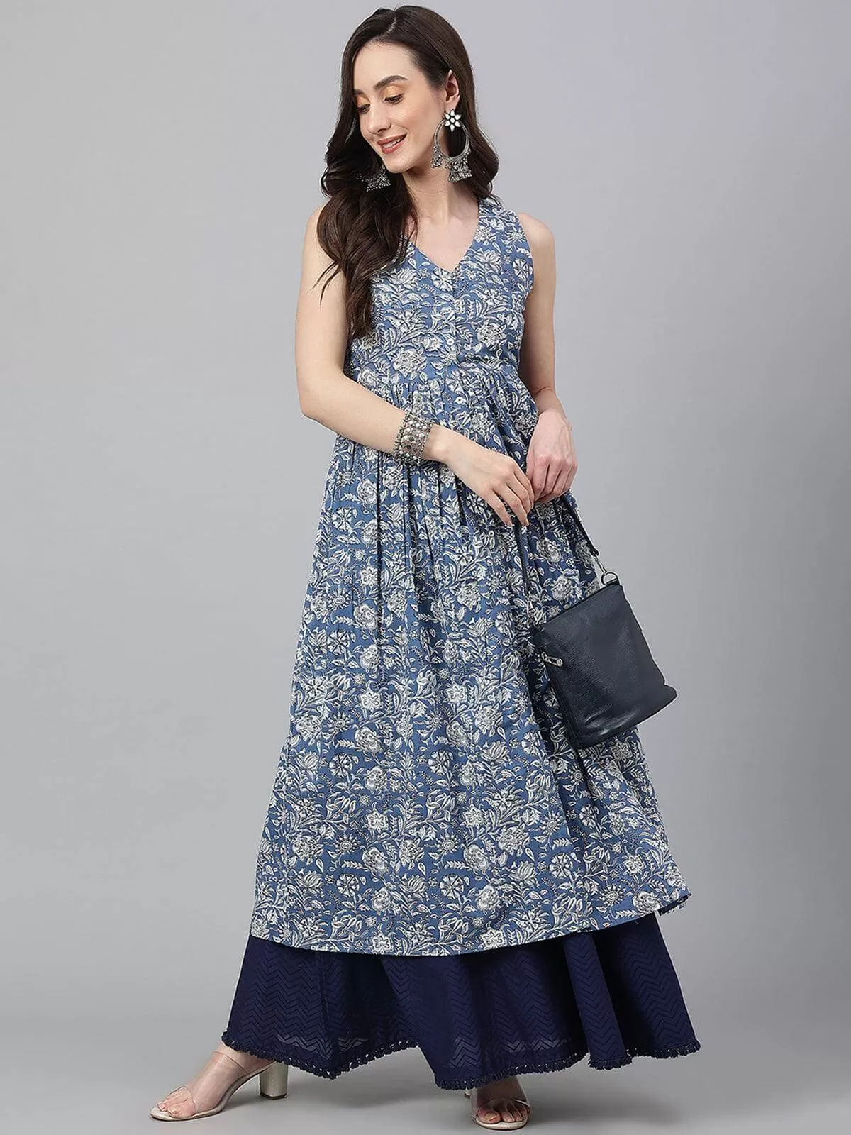 Blue Cotton Floral Print Flared Kurta