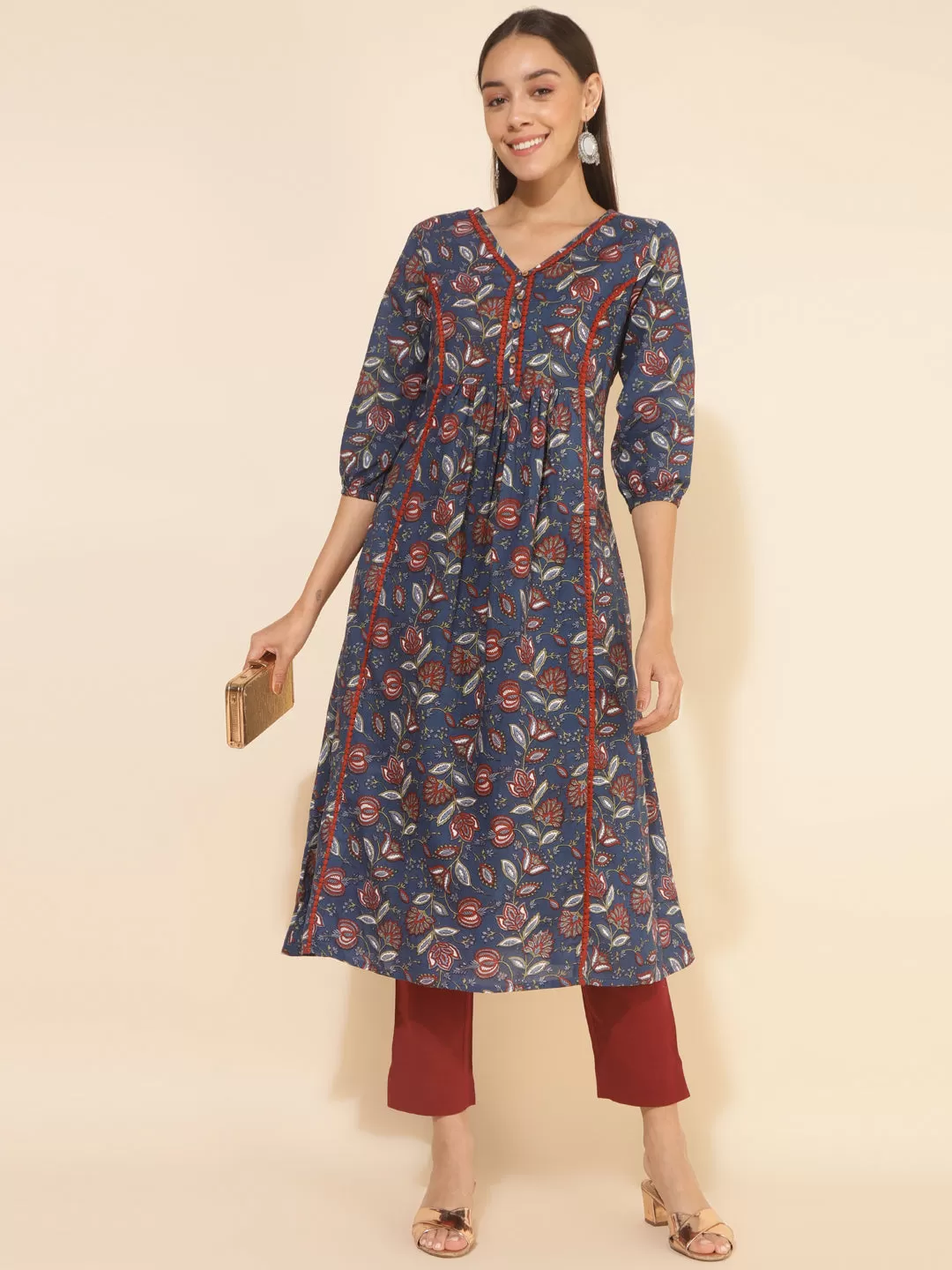 Blue Cotton Floral Printed A-Line Kurta