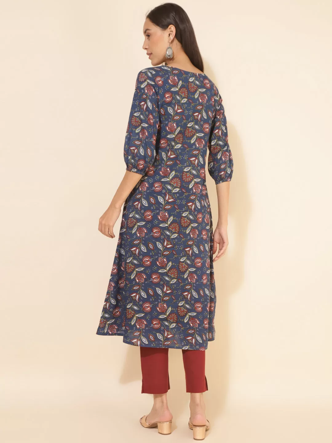 Blue Cotton Floral Printed A-Line Kurta