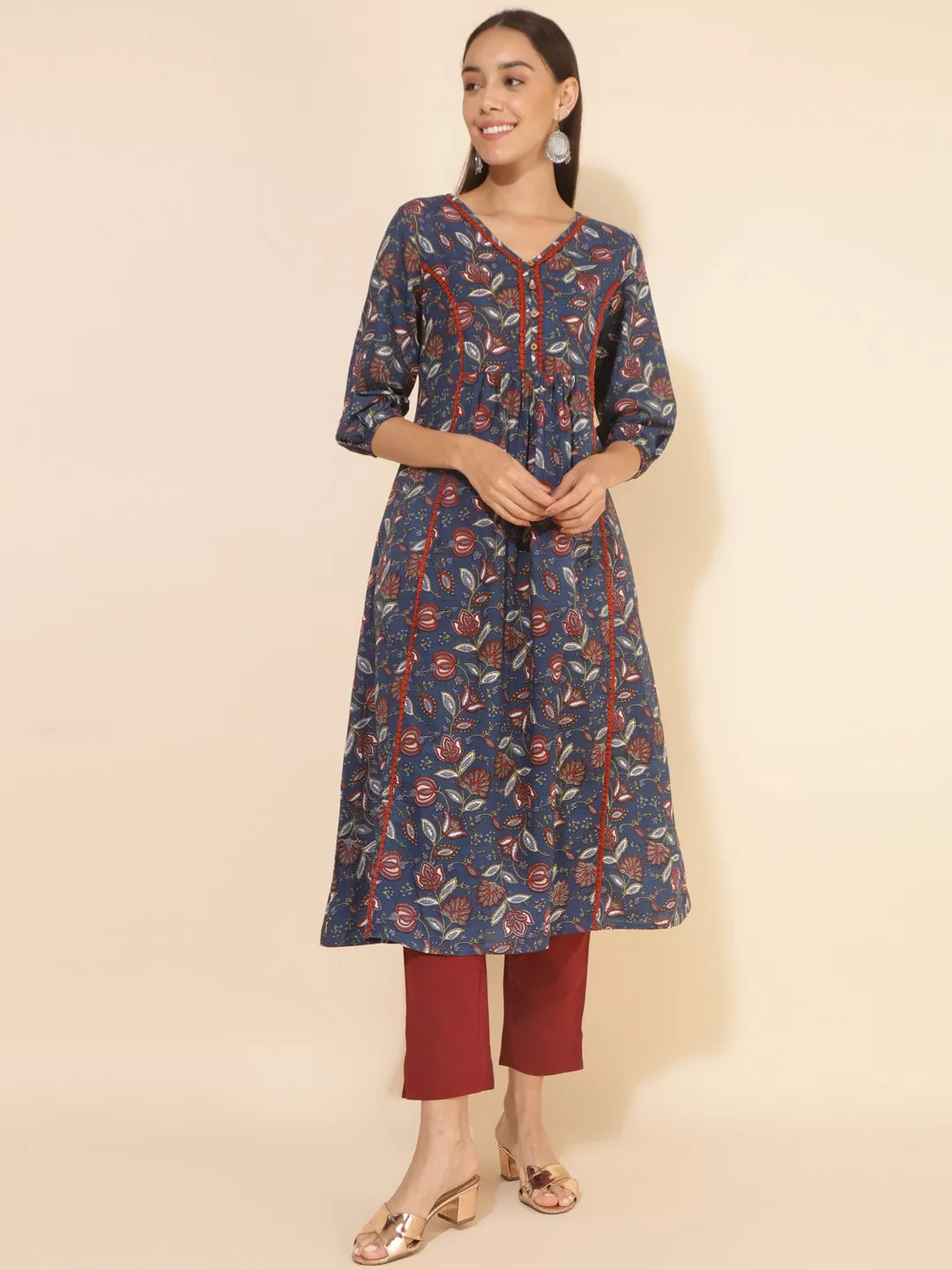 Blue Cotton Floral Printed A-Line Kurta