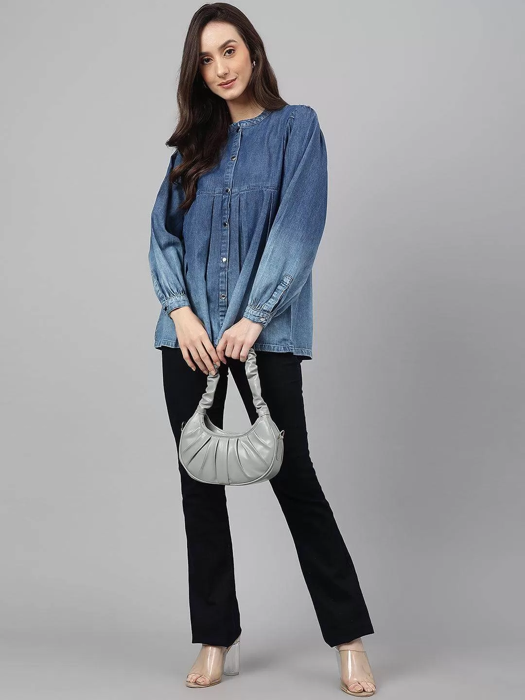 Blue Denim Faded Flared Top