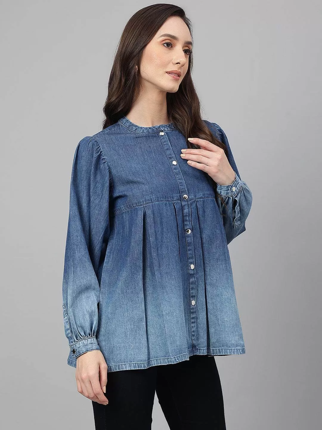 Blue Denim Faded Flared Top