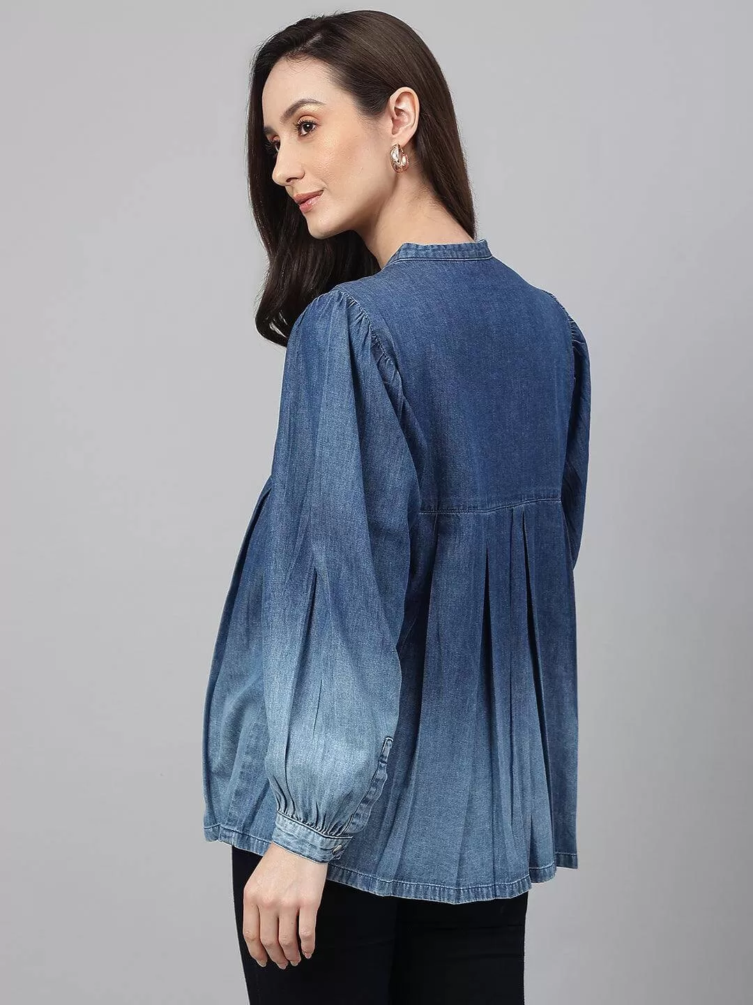 Blue Denim Faded Flared Top