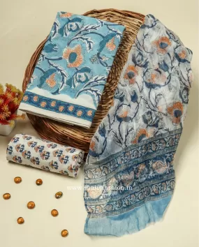 Blue Floral Jaal Print Cotton Suit Set with Chiffon Dupatta (PCHF265)