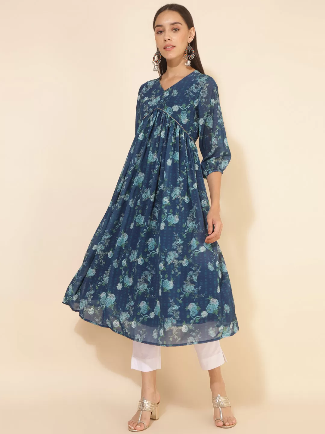 Blue Georgette Floral Printed Flared Kurta