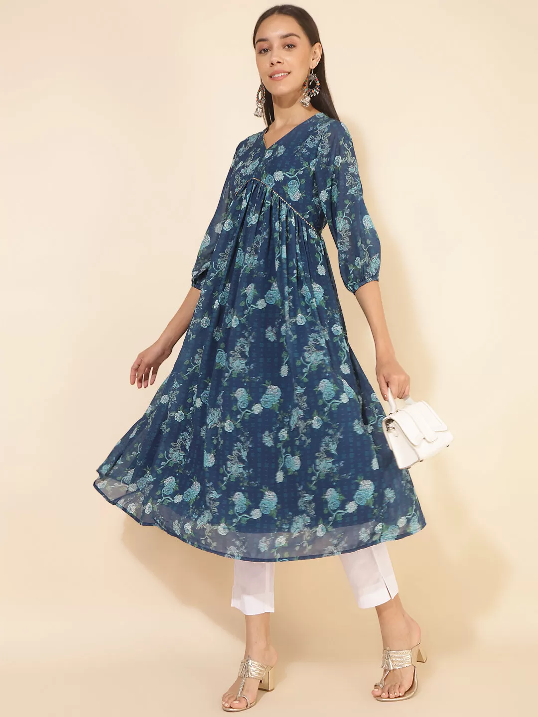 Blue Georgette Floral Printed Flared Kurta