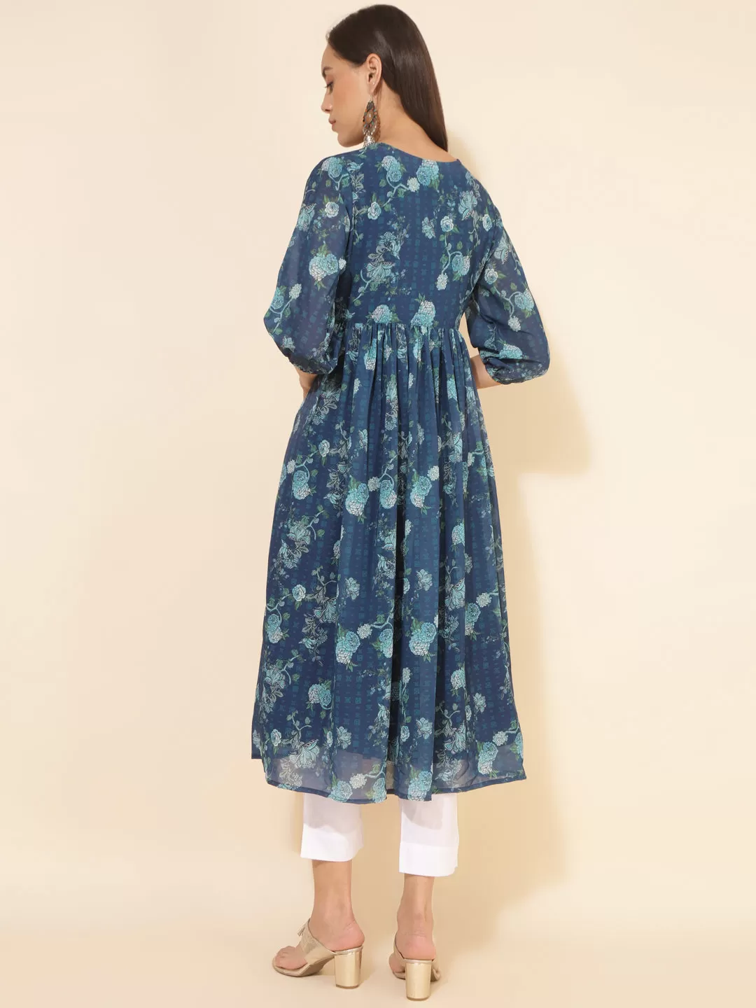 Blue Georgette Floral Printed Flared Kurta