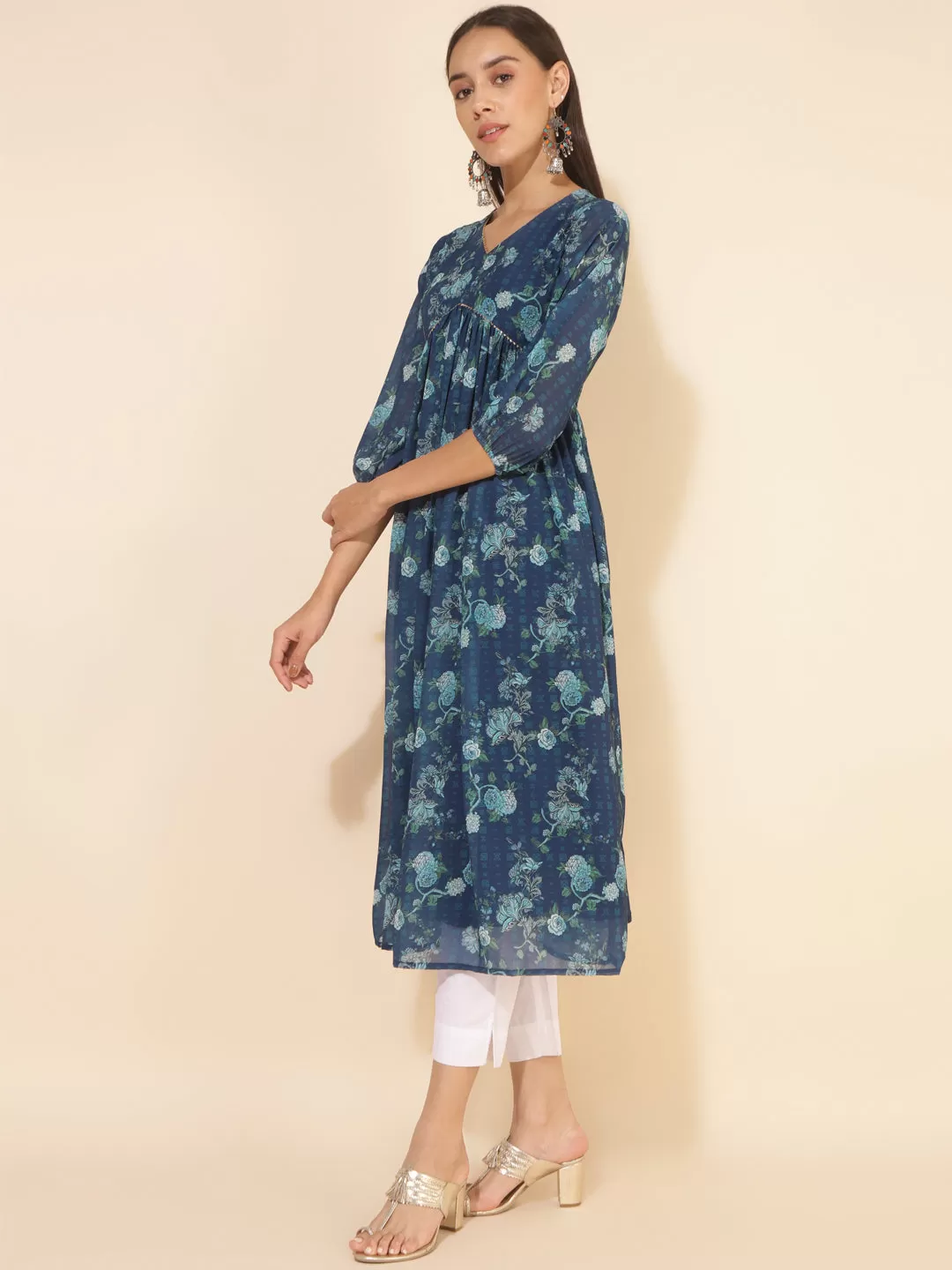 Blue Georgette Floral Printed Flared Kurta