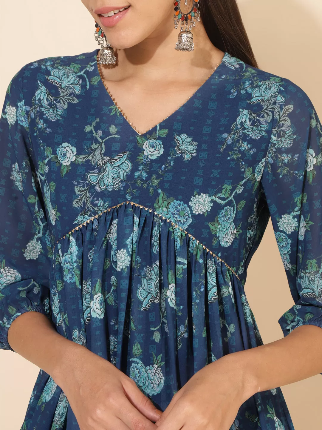 Blue Georgette Floral Printed Flared Kurta