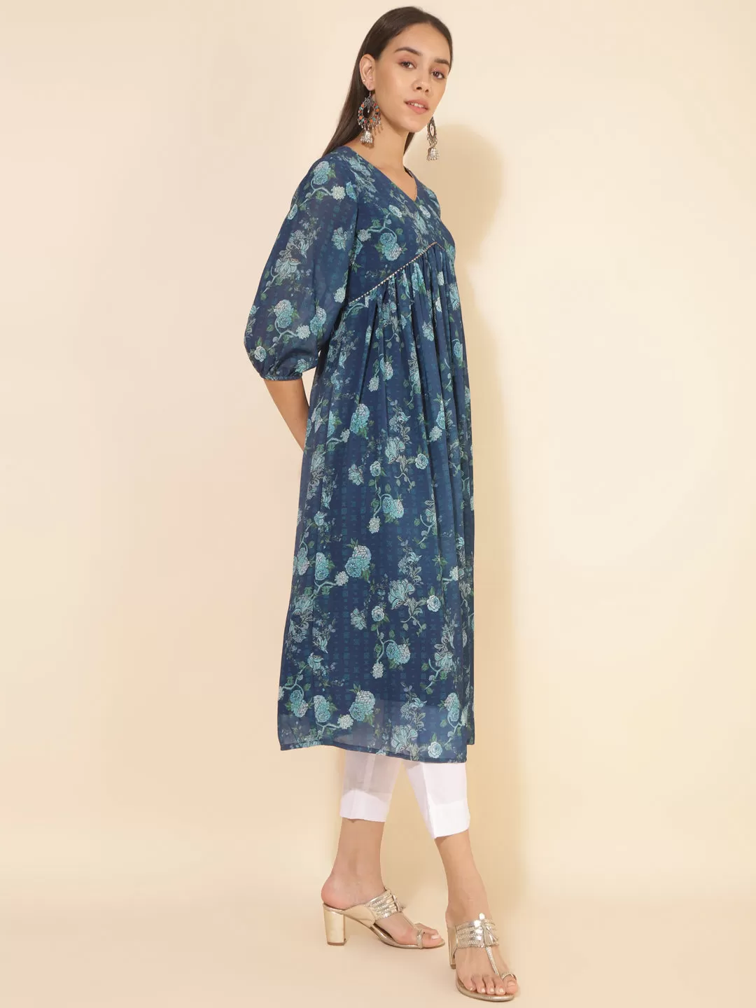 Blue Georgette Floral Printed Flared Kurta