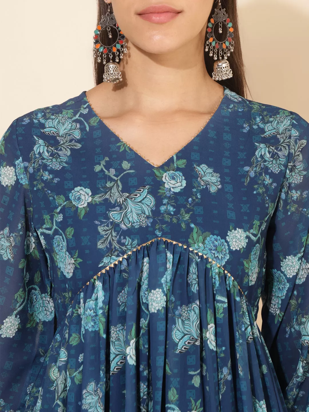 Blue Georgette Floral Printed Flared Kurta