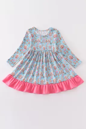 Blue gingerbread print ruffle dress