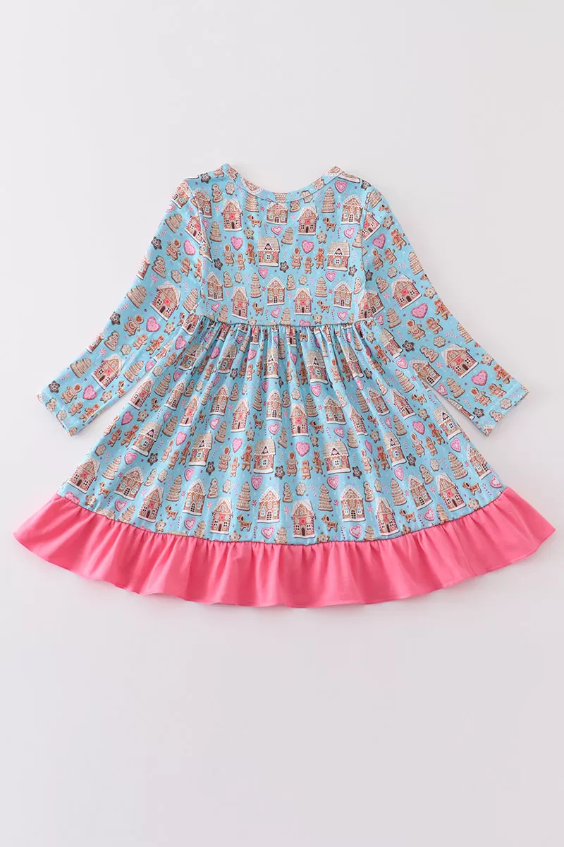 Blue gingerbread print ruffle dress