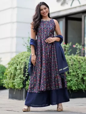 Blue Poly Muslin Embroidered Kurta Palazzo Set