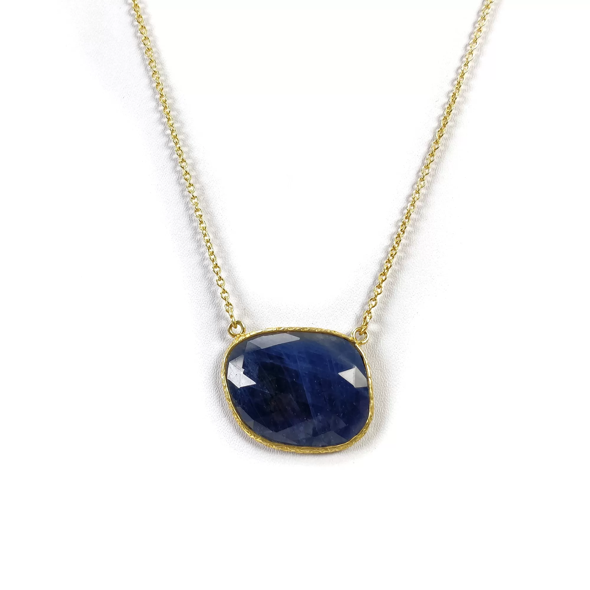 BLUE SAPPHIRE Gemstone Necklace : 18" 925 Sterling Silver Natural Sapphire Gemstone Rose Cut Yellow Gold Plated Chain Necklace For Women