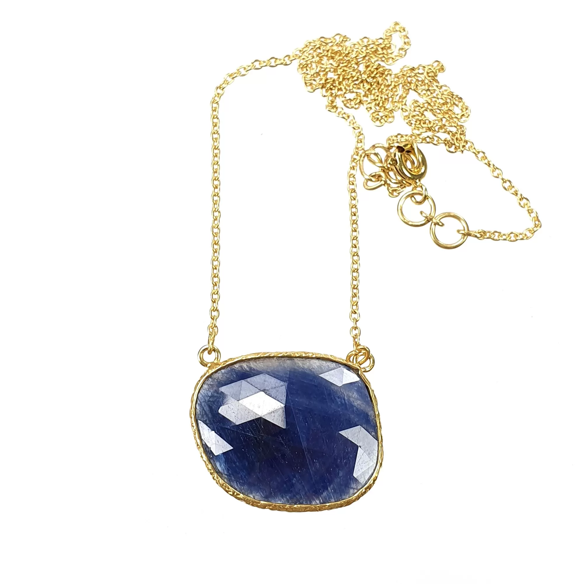 BLUE SAPPHIRE Gemstone Necklace : 18" 925 Sterling Silver Natural Sapphire Gemstone Rose Cut Yellow Gold Plated Chain Necklace For Women