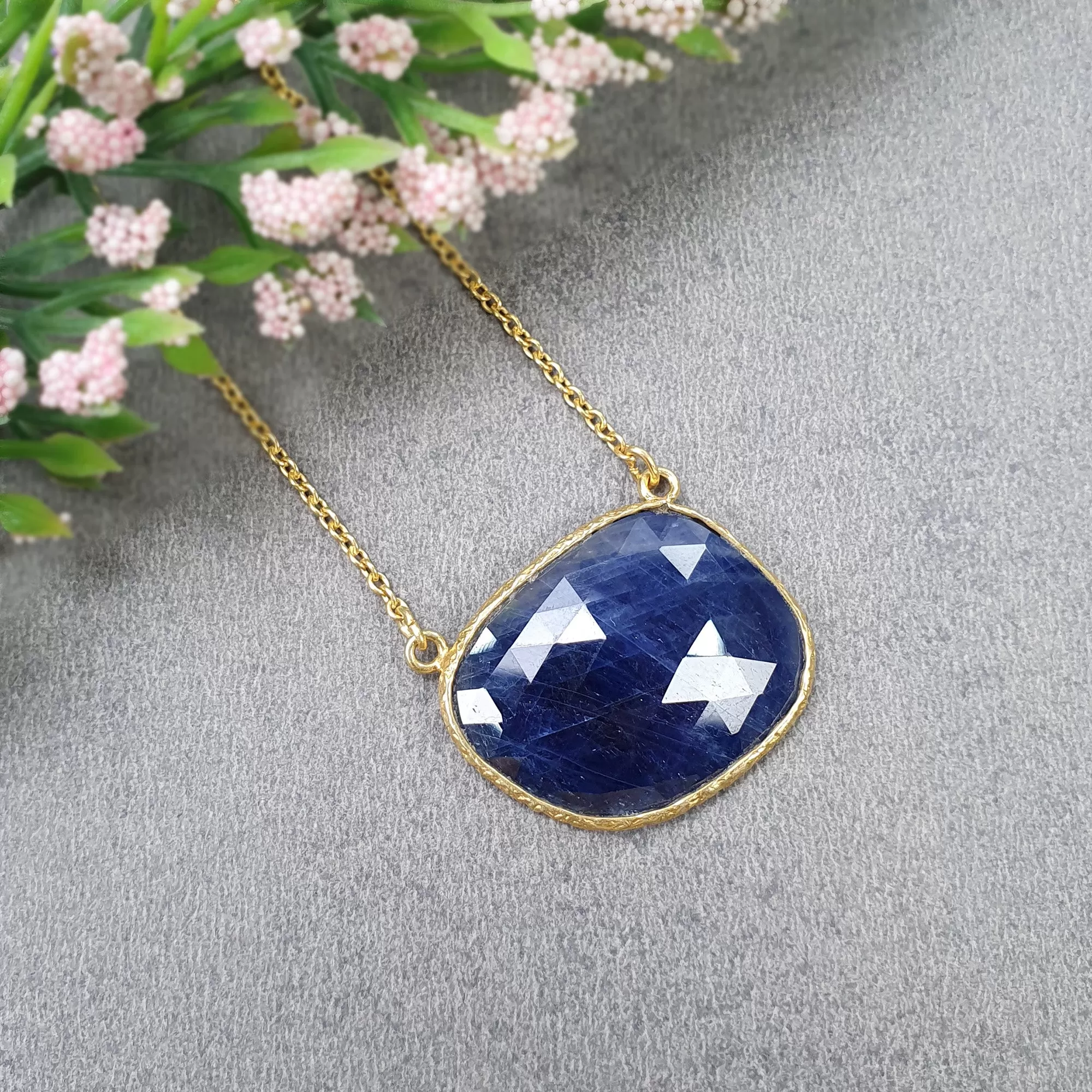 BLUE SAPPHIRE Gemstone Necklace : 18" 925 Sterling Silver Natural Sapphire Gemstone Rose Cut Yellow Gold Plated Chain Necklace For Women