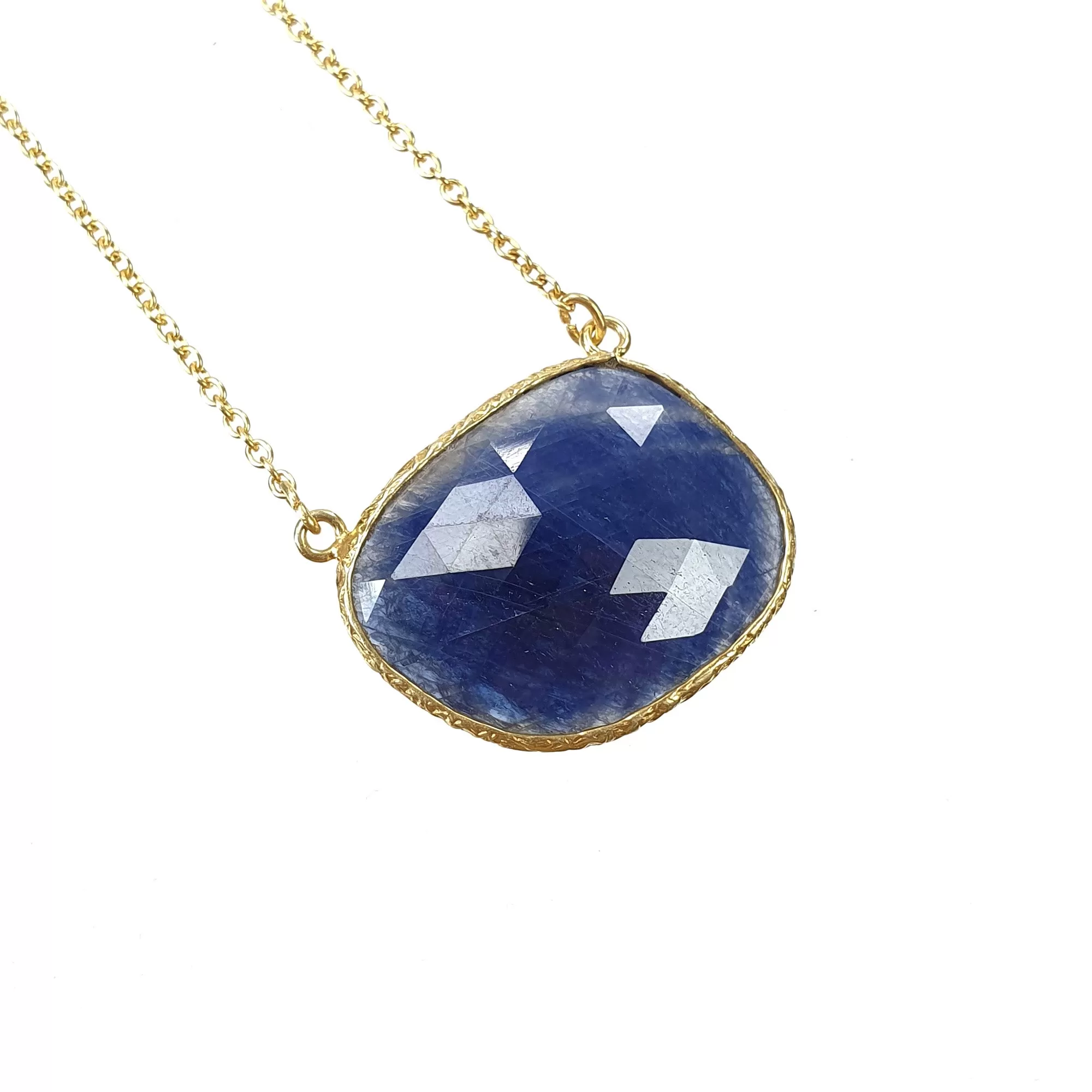 BLUE SAPPHIRE Gemstone Necklace : 18" 925 Sterling Silver Natural Sapphire Gemstone Rose Cut Yellow Gold Plated Chain Necklace For Women