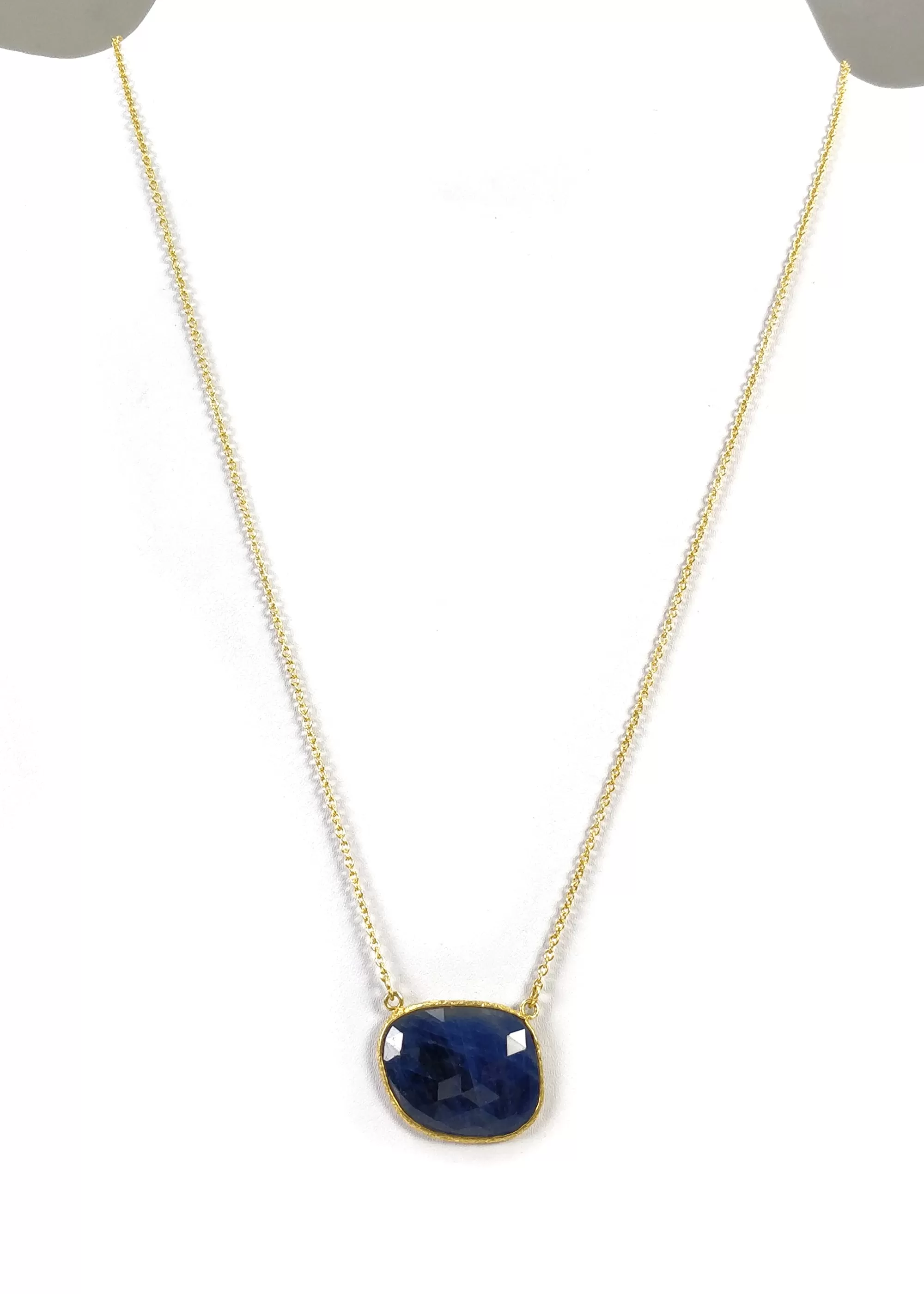 BLUE SAPPHIRE Gemstone Necklace : 18" 925 Sterling Silver Natural Sapphire Gemstone Rose Cut Yellow Gold Plated Chain Necklace For Women