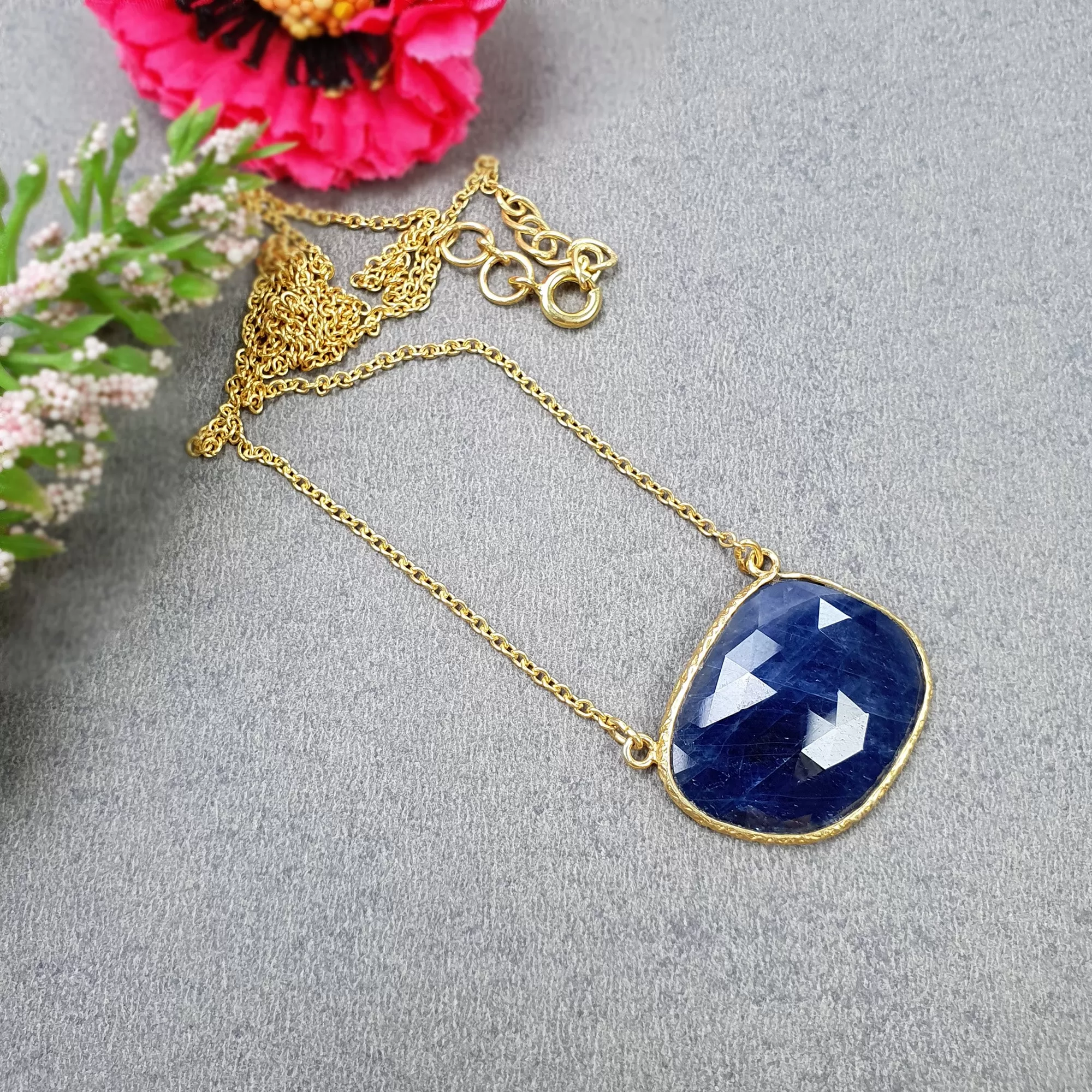 BLUE SAPPHIRE Gemstone Necklace : 18" 925 Sterling Silver Natural Sapphire Gemstone Rose Cut Yellow Gold Plated Chain Necklace For Women