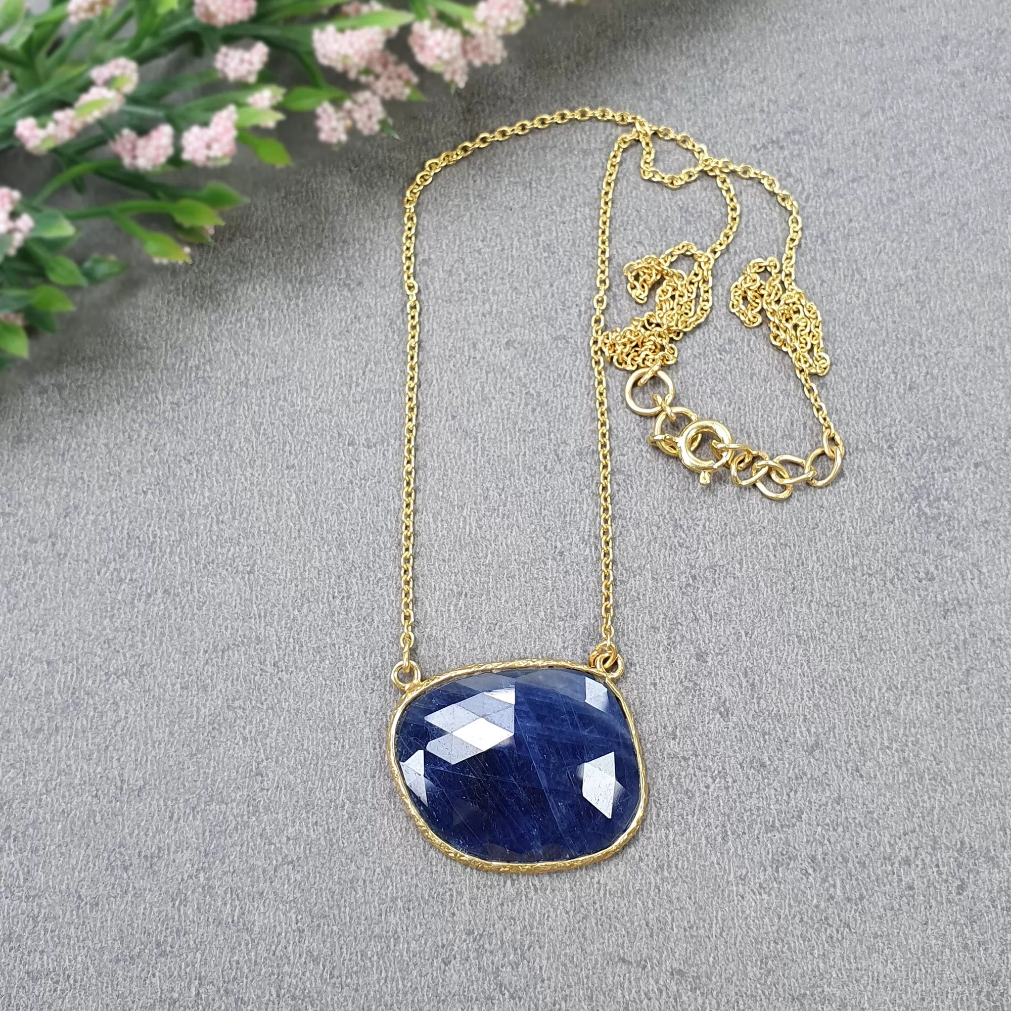 BLUE SAPPHIRE Gemstone Necklace : 18" 925 Sterling Silver Natural Sapphire Gemstone Rose Cut Yellow Gold Plated Chain Necklace For Women