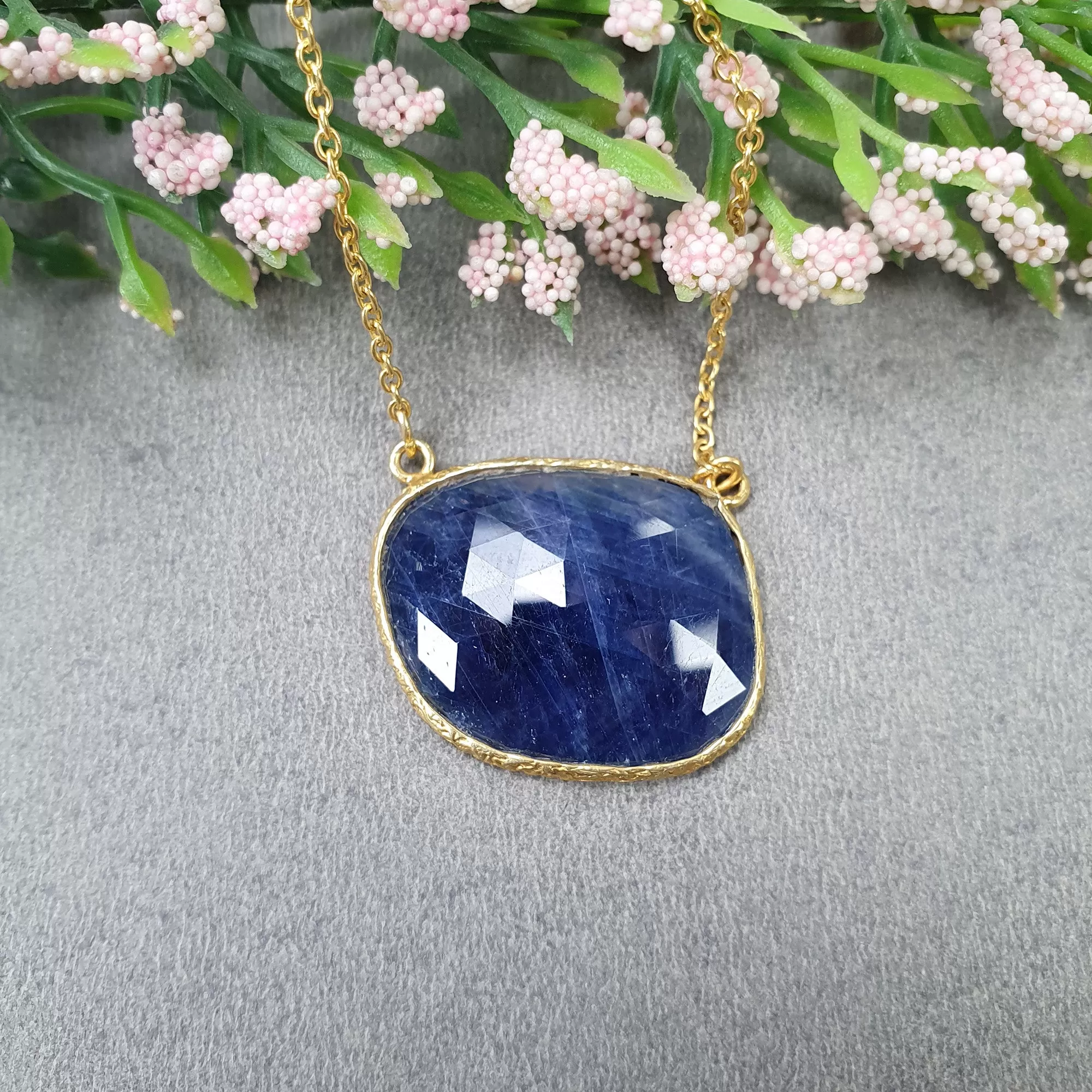 BLUE SAPPHIRE Gemstone Necklace : 18" 925 Sterling Silver Natural Sapphire Gemstone Rose Cut Yellow Gold Plated Chain Necklace For Women