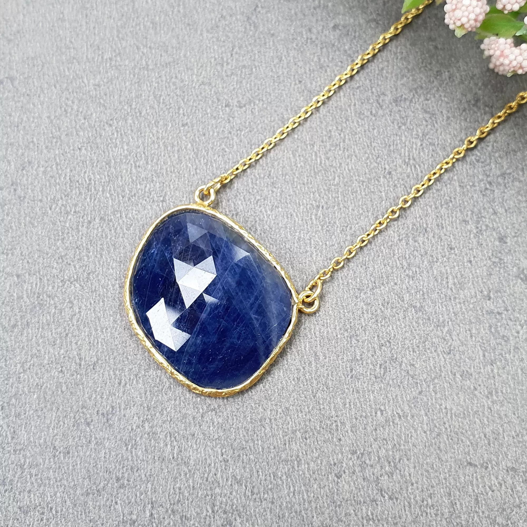 BLUE SAPPHIRE Gemstone Necklace : 18" 925 Sterling Silver Natural Sapphire Gemstone Rose Cut Yellow Gold Plated Chain Necklace For Women