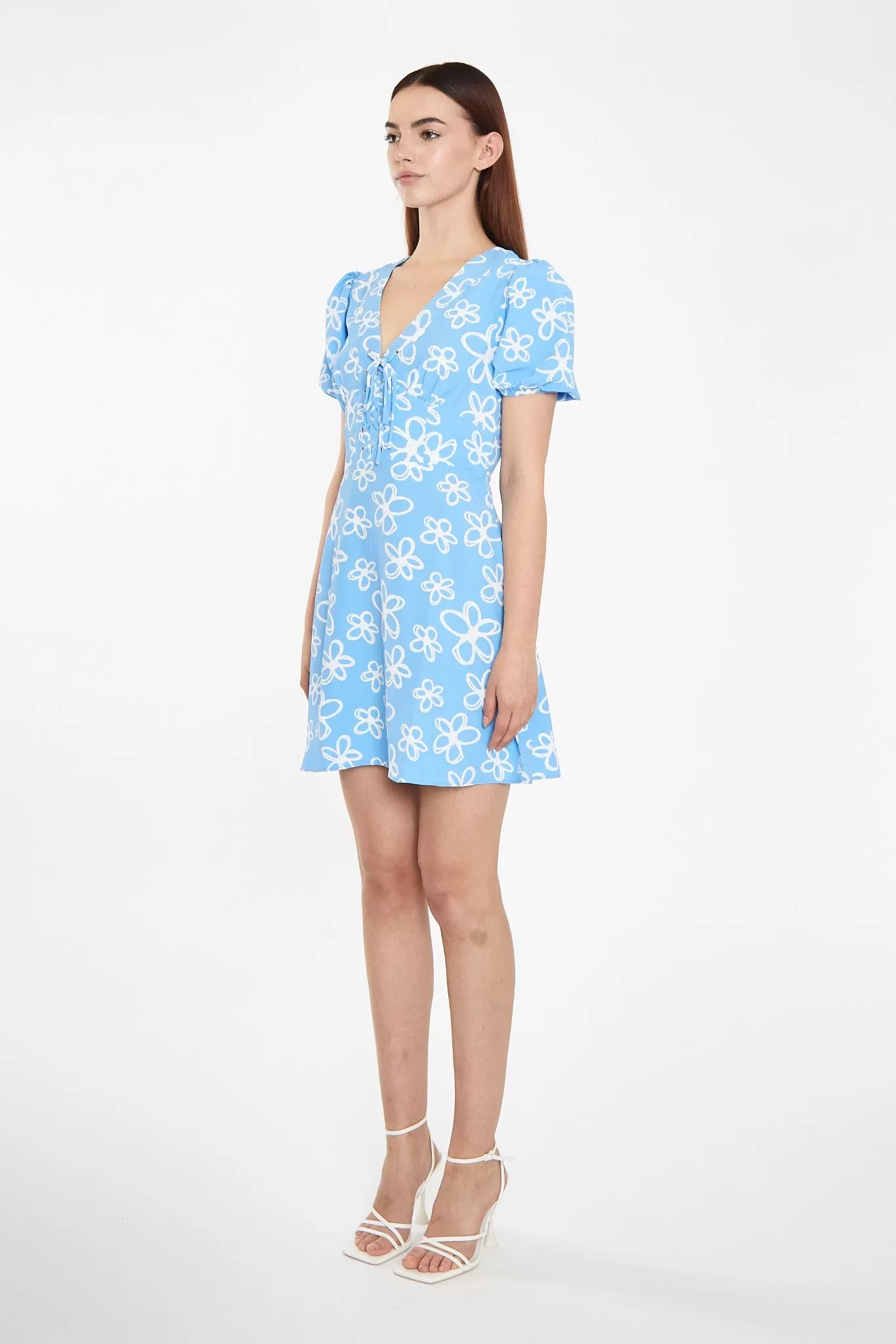 Blue Scribble-Daisy Lace-Up Front Mini-Dress