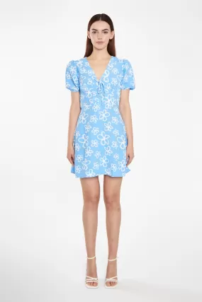 Blue Scribble-Daisy Lace-Up Front Mini-Dress