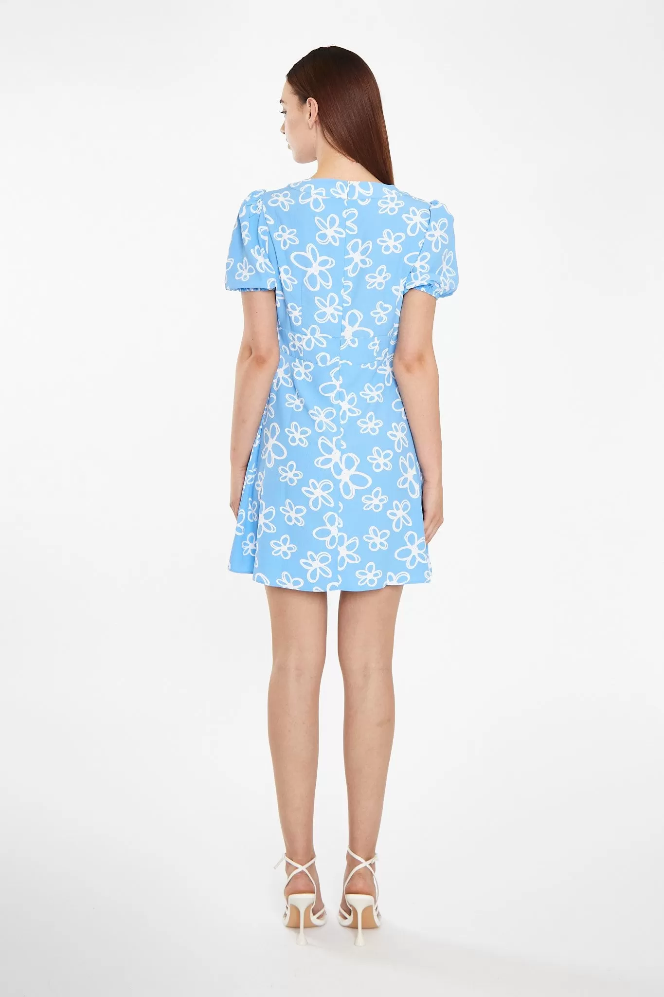 Blue Scribble-Daisy Lace-Up Front Mini-Dress